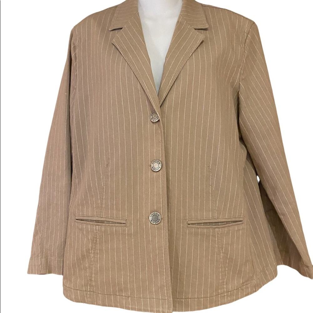 Chico’s Khaki/white stripe size 1 (M/8) Blazer with silver buttons and pockets